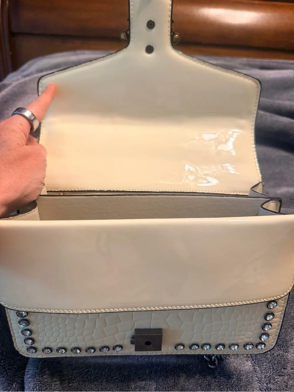 Cream Shoulder Bag with Green-Red Stripe and Decorative Bee Accent, Like New